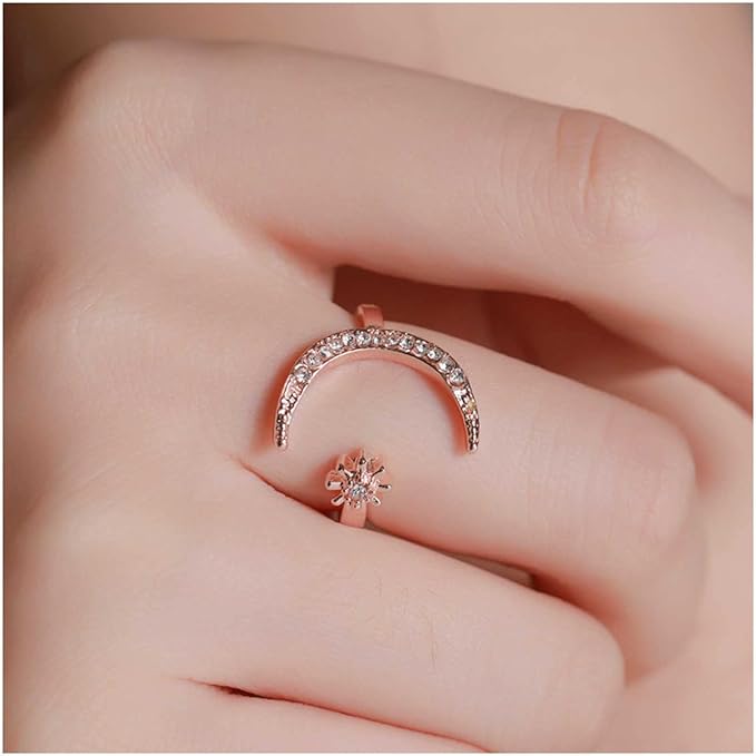 Anello di Halloween con luna e stella con zirconi e acciaio anallergico con placcatura in oro rosa 18 carati