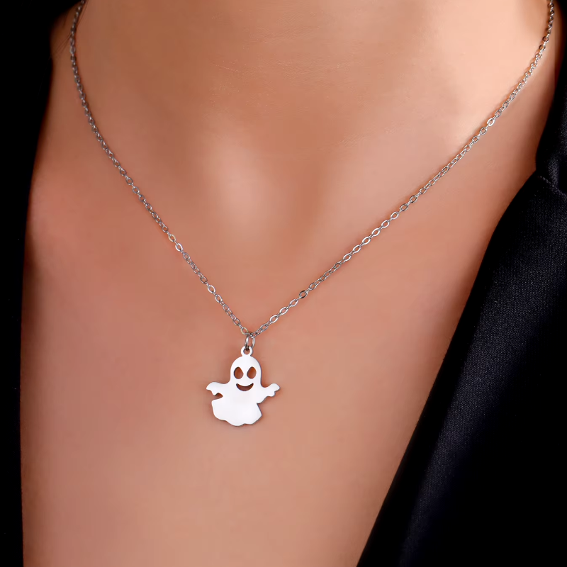 Ciondolo in acciaio ipoallergenico a forma di fantasma per Halloween con placcatura in argento 925