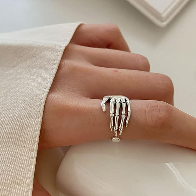 Anello da dito con scheletro in acciaio anallergico placcato argento 925 per Halloween